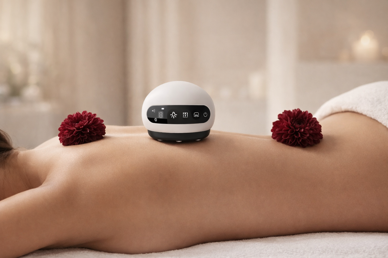 Dahliora cupping device on woman's back, in a spa setting, with flowers. Relaxed, healthy and recovering.