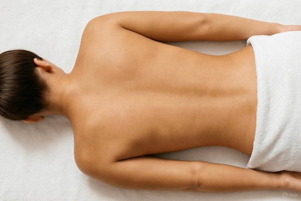 Woman lying on he stomach, viewed from the top. White spa environment. woman is young, healthy, relaxed with a towel on her hip. Before using Dahliora electric cupping device.