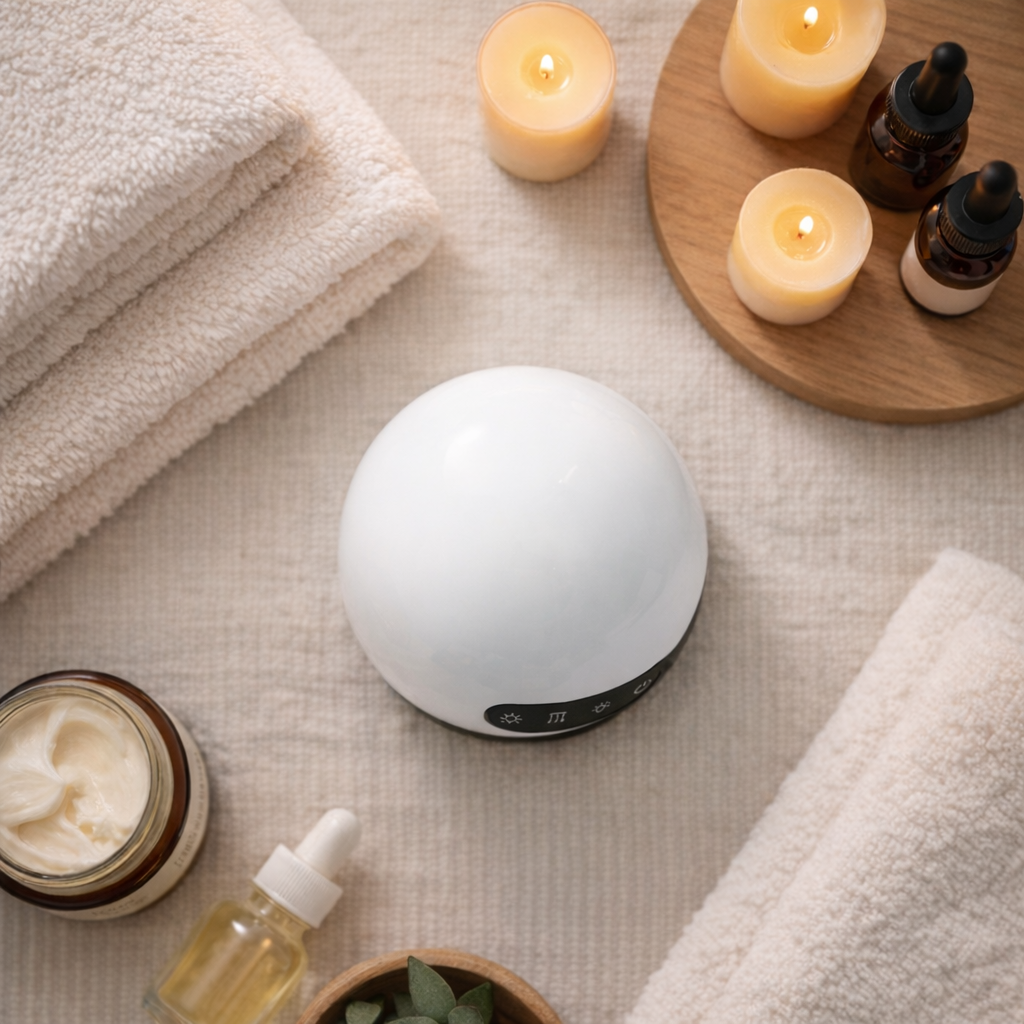 Dahliora electric cupping device surrounded by candles, towels, and skincare products on a beige surface and spa setting.