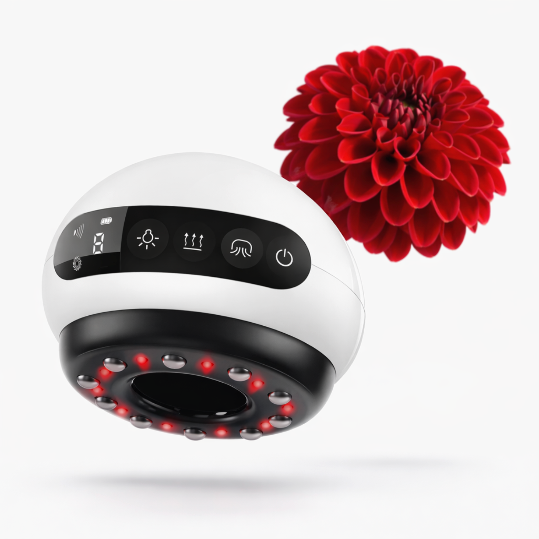 Dahliora cupping device. Many features for at home cupping therapy. Solves cellulite, aches and muscle pain. Makes women healthier and look better. Multiple features like suction modes, infrared light and heating. Lymphatic drainage, fascia and skin smoothness.