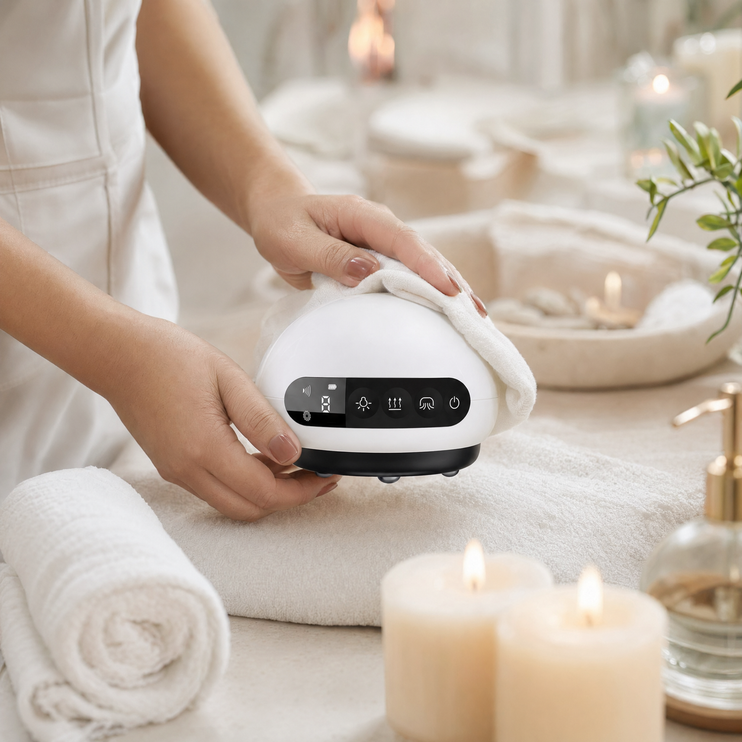 Person holding the Dahliora electronic cupping device with buttons in a spa-like setting with candles and towels.