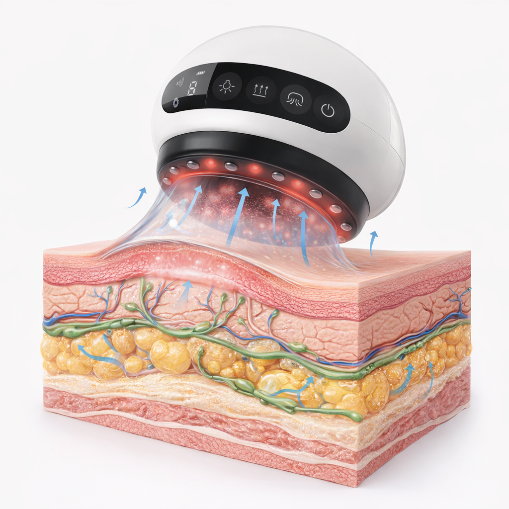 Dahliora electric cupping device with a cross-section of skin showing its effects on all the skin layers like fat and lymphatic drainage and fascia.