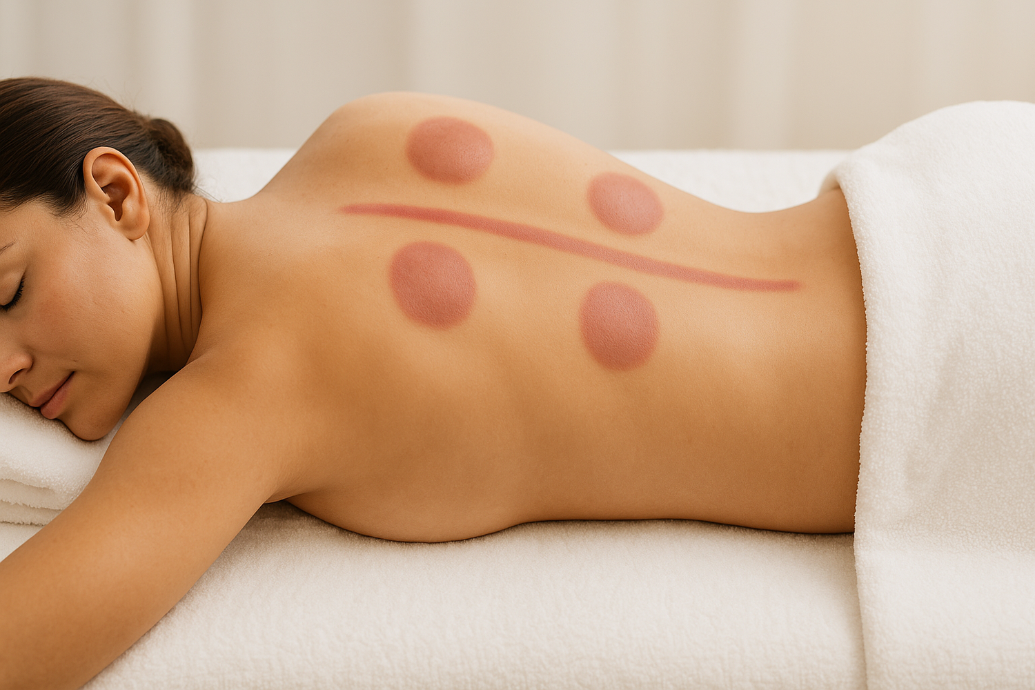 Woman after Dahliora cupping device procedure with red lines indicating pressure points on her back and relief and lymphatic drainage and less cellulite. She is in a spa.